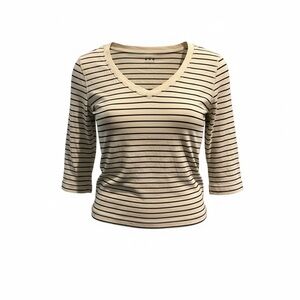 Three Dots Cream and Black Striped V-Neck Top